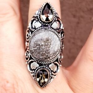 New Stingray Coral and Smoky Quartz 925 Silver Statement Ring.